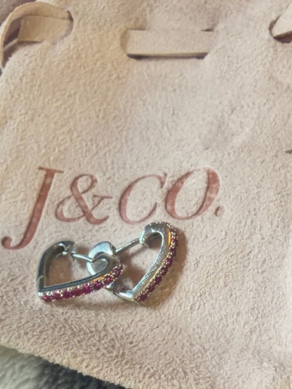 J&CO Heart Huggie Earrings Silver Pink Pavé Stones